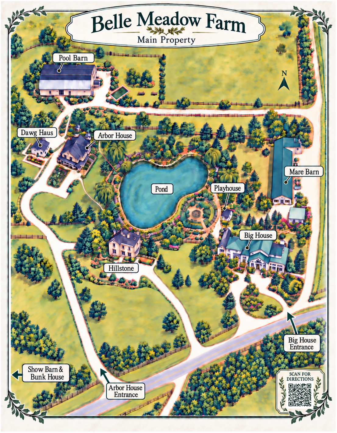 Detailed illustrated map of the main property at Belle Meadow Farm