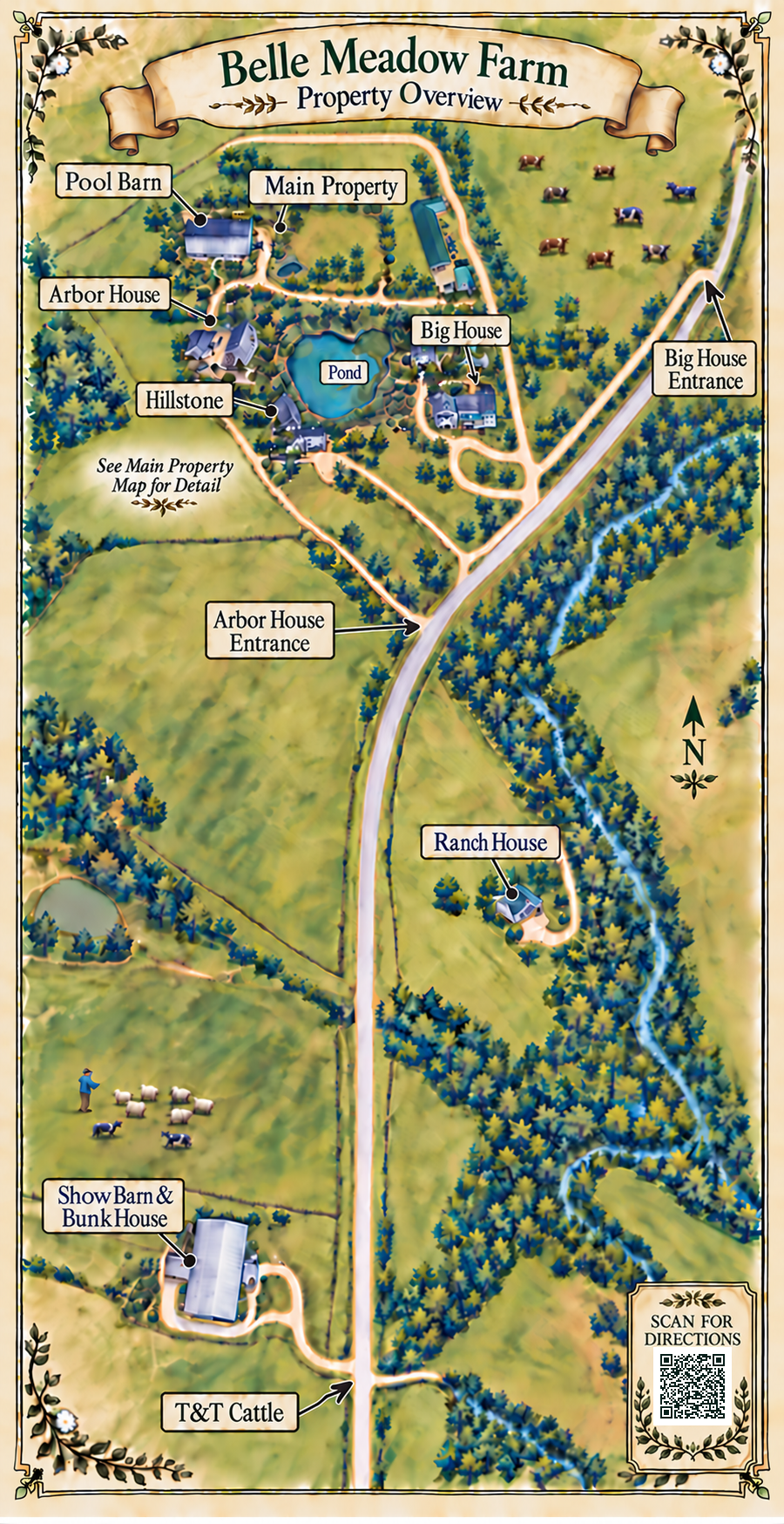 Illustrated overview map of Belle Meadow Farm showing entrances, buildings, fields, roads, and creek